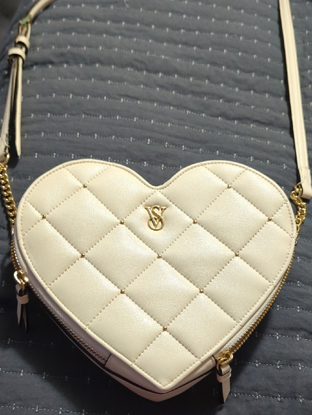 Victoria's Secret Cream Quilted Heart Crossbody with Gold Hardware